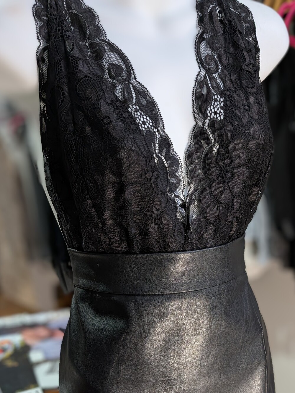Black Lace Deep V Bodysuit - Elegant Floral Lace